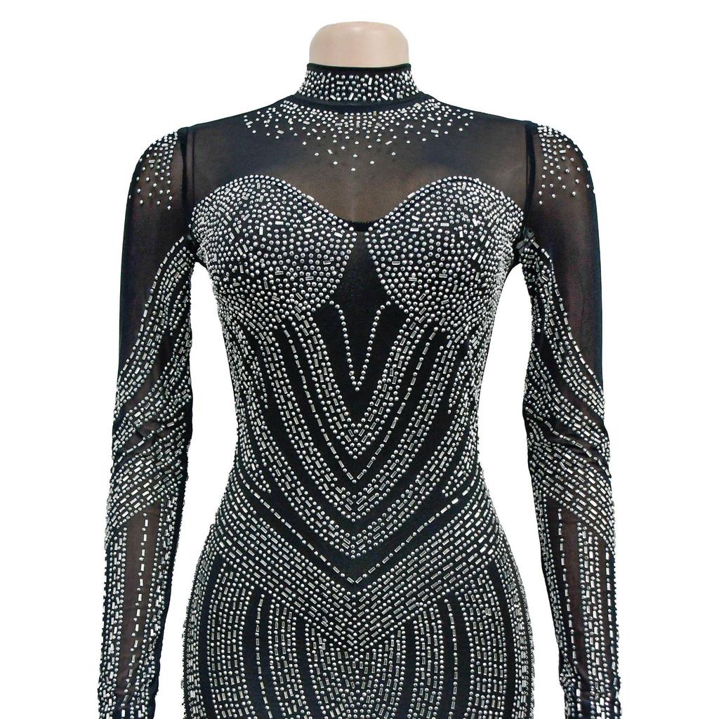 European & American Fashion Women's Solid Color Mesh Rhinestone Long Sleeve Mini Dress
