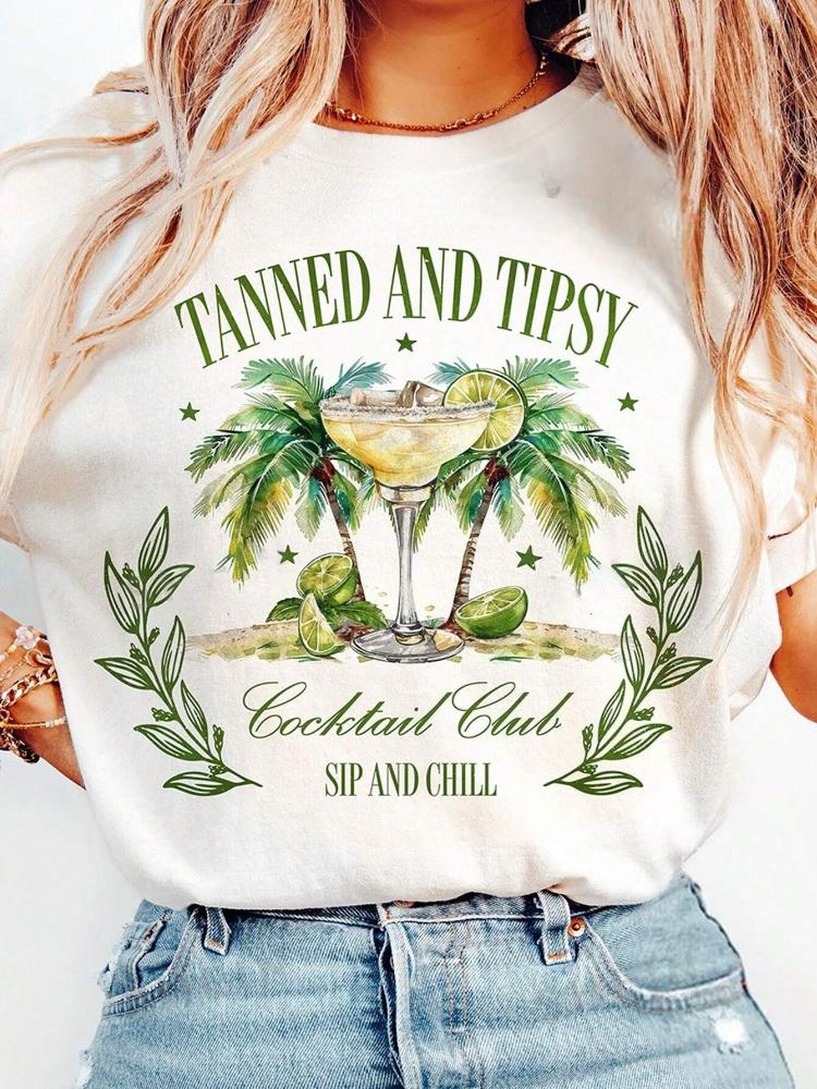 

Tanned and Tipsy Graphic Tops Vintage Womens Casual Cotton TShirt with Round Neck and Short Sleeves Letter and Palm Print Tees S