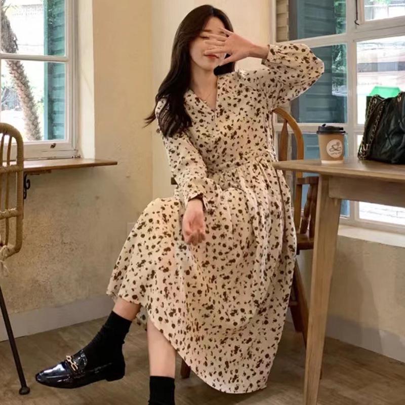 Women's 2024 V-Neck Floral Retro French Tea Break Dress - Autumn/Winter Collection