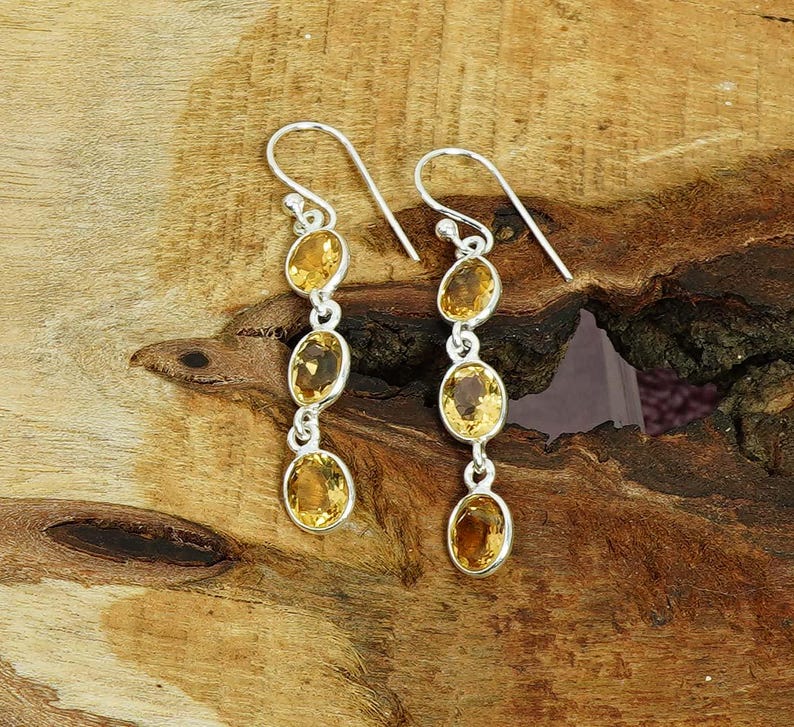 Solid 925 Sterling Silver Citrine Gemstone Handmade Women Dangler Earrings Gift For Her