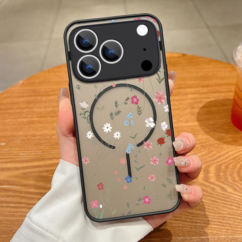 Translucent Matte Magnetic Case For iPhone 17 16 15 Pro 14 13 Pro Max 16e 17e For Magsafe Floral Pattern Hard PC Phone Cover