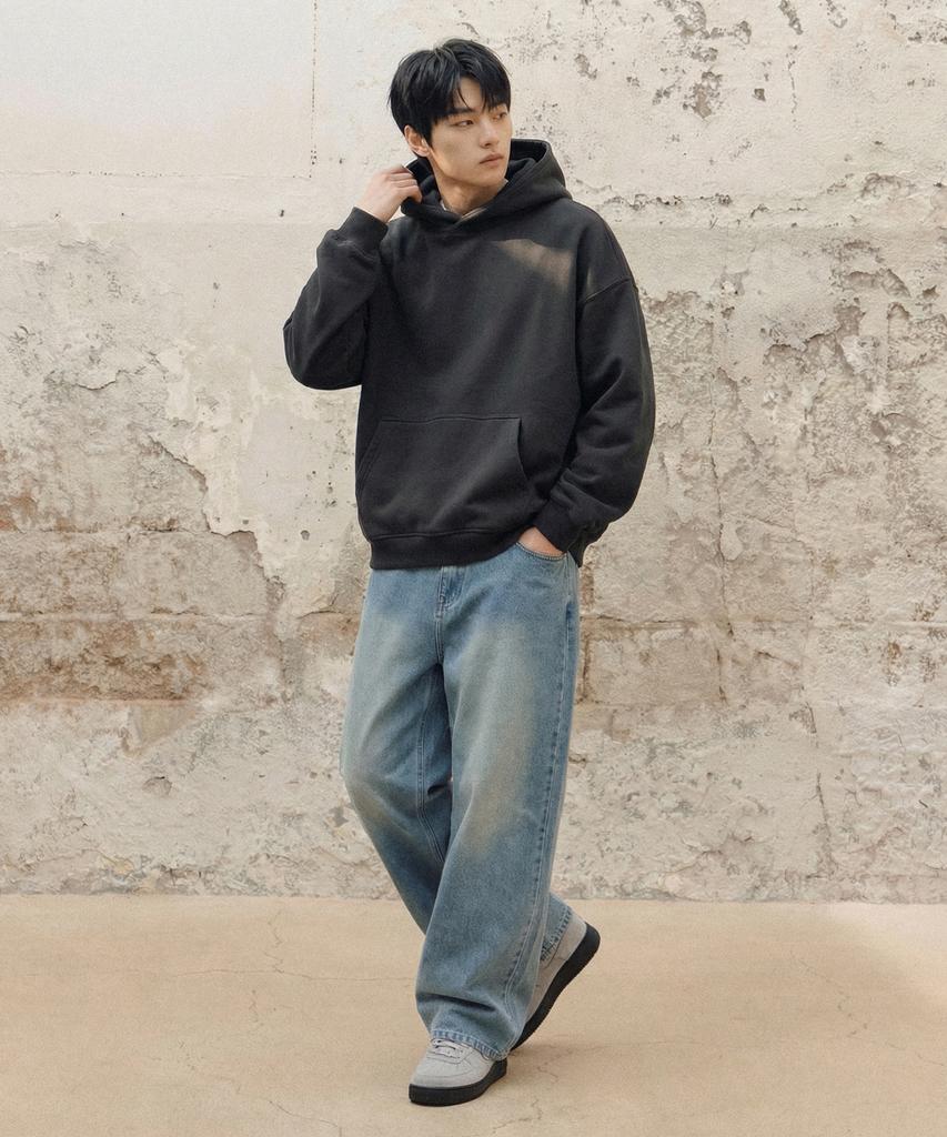 [Fleece-Lined] Essential Overfit Peach Sweat Hoodie [Charcoal]