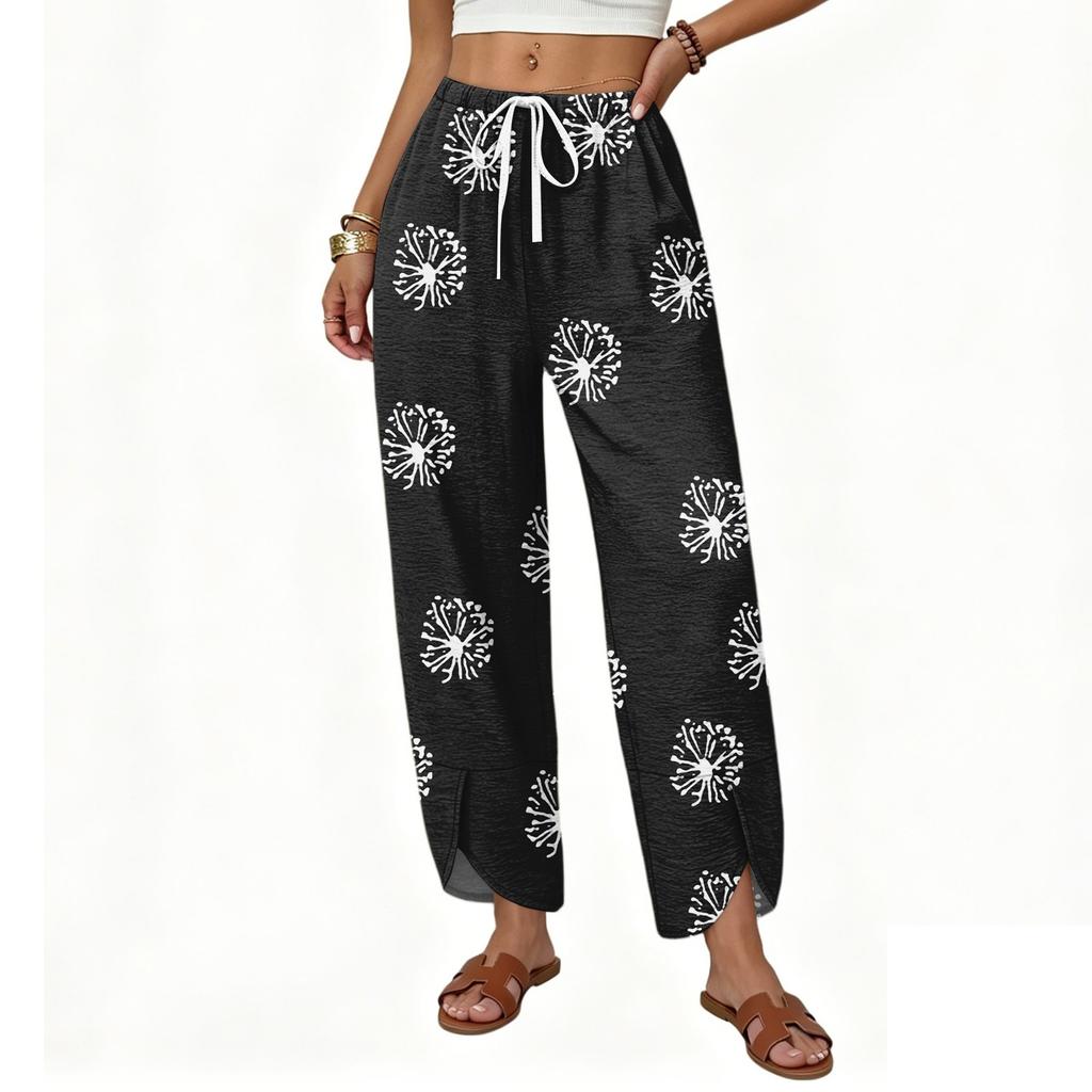 Damen Lässige Weite Hosen Lockerer Sitz Gerader Schnitt Knopfdetail Bedrucktes Muster Kordelzug Taille Lange Hosen