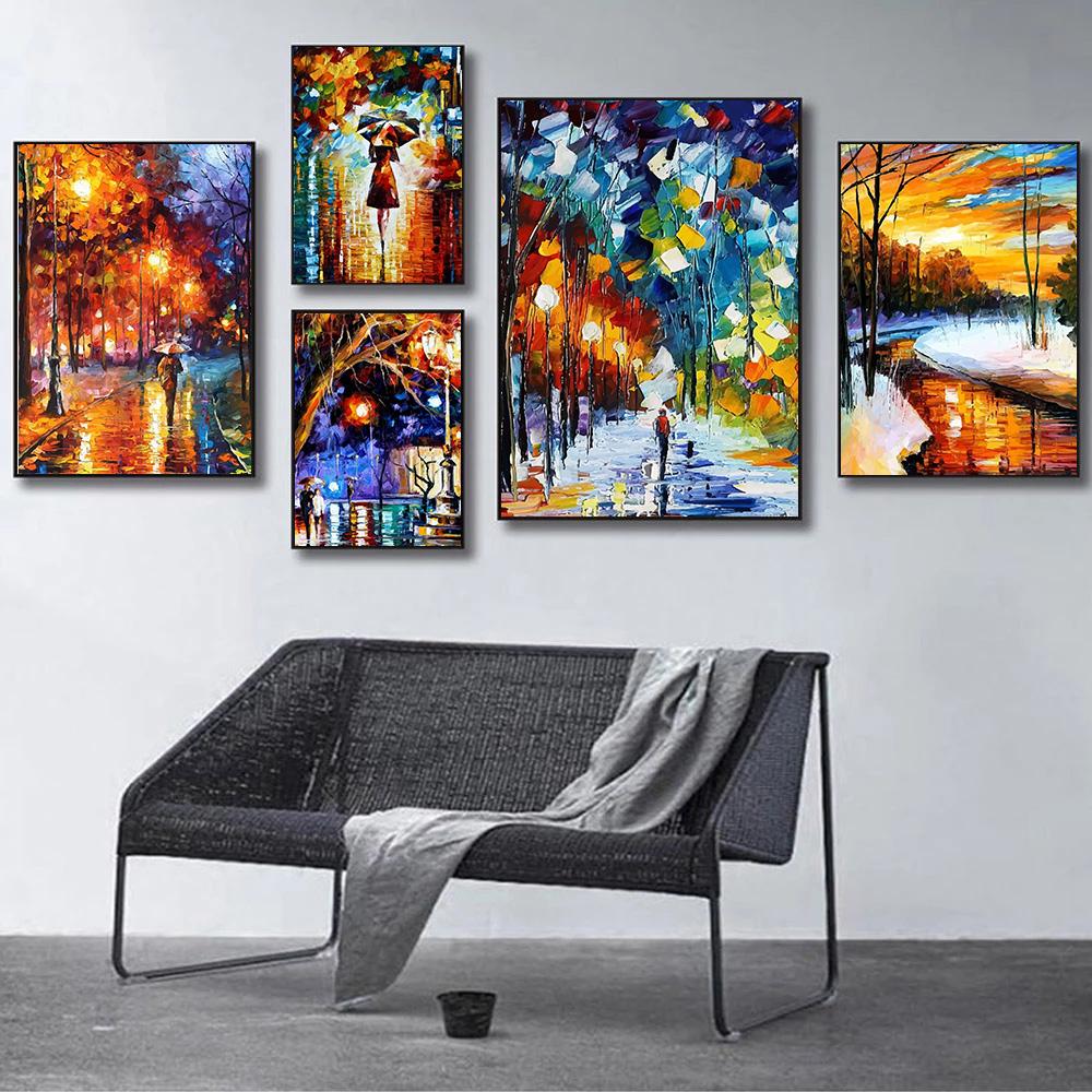 Classic Leonid Afremov Abstract Artwork Rainy Night Couple Landscape Poster Canvas Painting Wall Art Pictures Home Room Decor