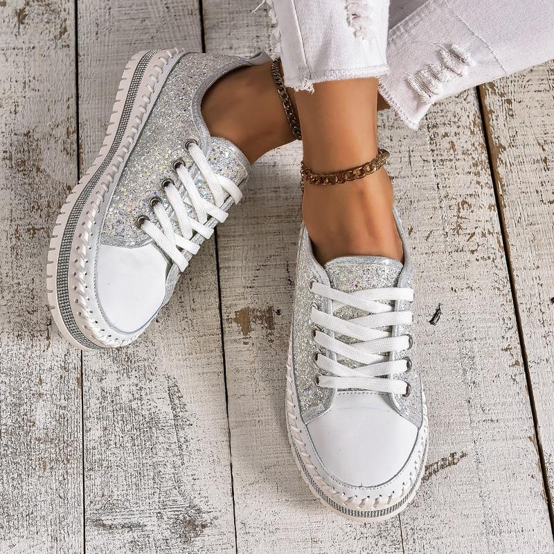 Fashion Women's Sequins Lace Up Casual White Shoes Versatile Thick-soled Non-slip Sneakers Female Fashion Platform Flat Vulcanized Shoes