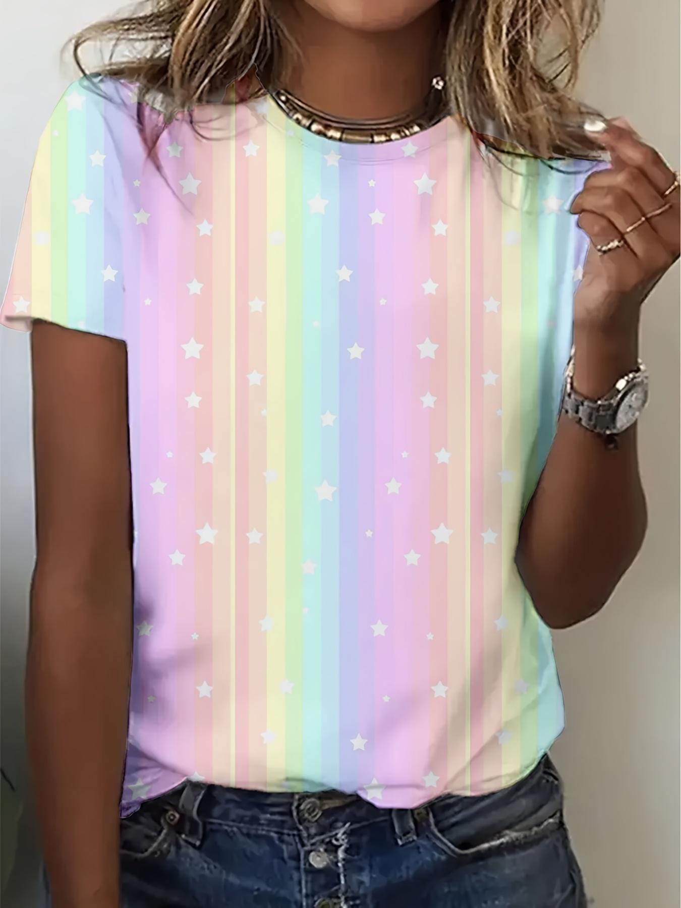 

Women s pastel vertical stripe printed T-shirt - casual short-sleeved round neck loose summer top, XXS