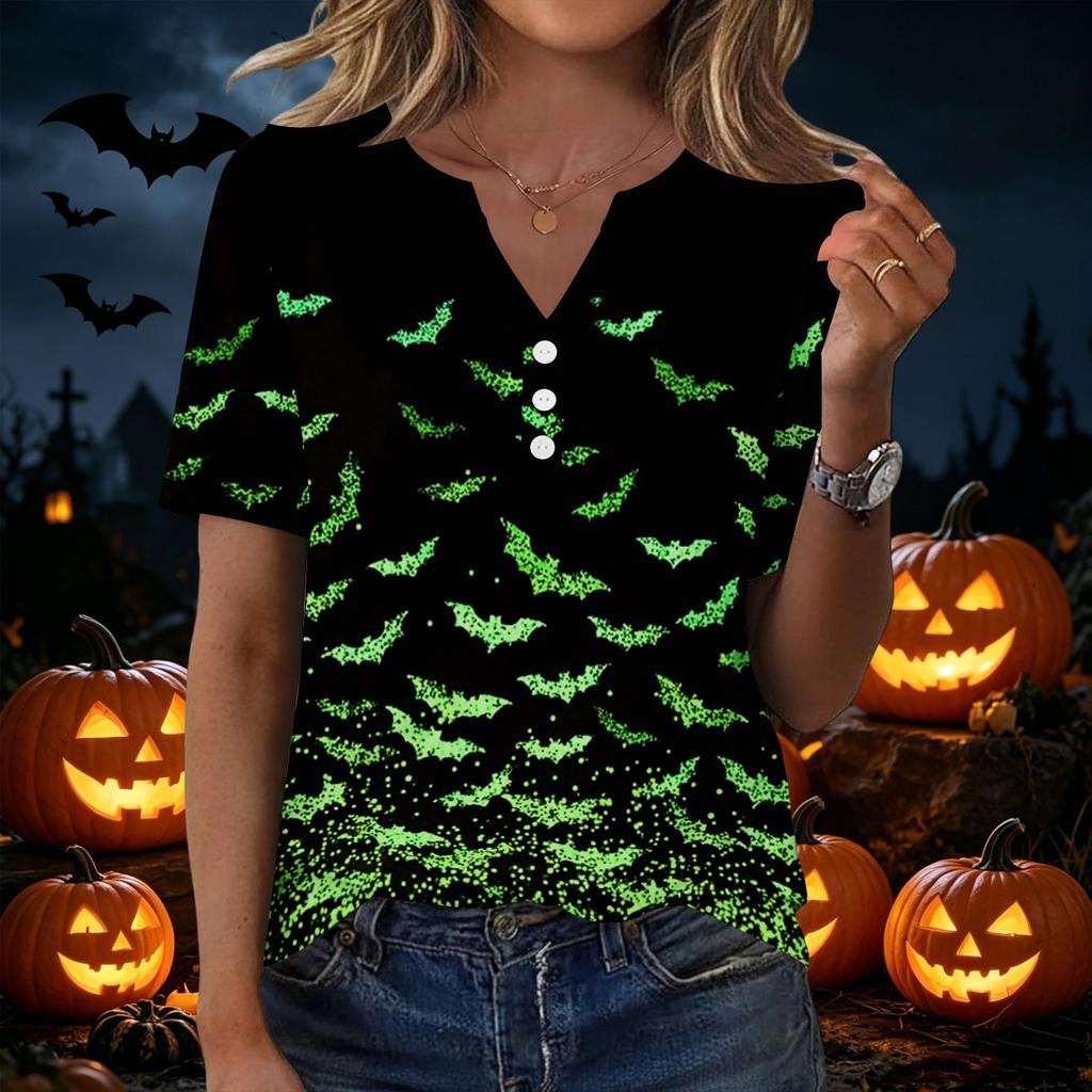 Women's Halloween Print Loose Fit V Neck Short Sleeve Top with Button Detail and Front Pocket Casual Blouse for Seasonal Wear