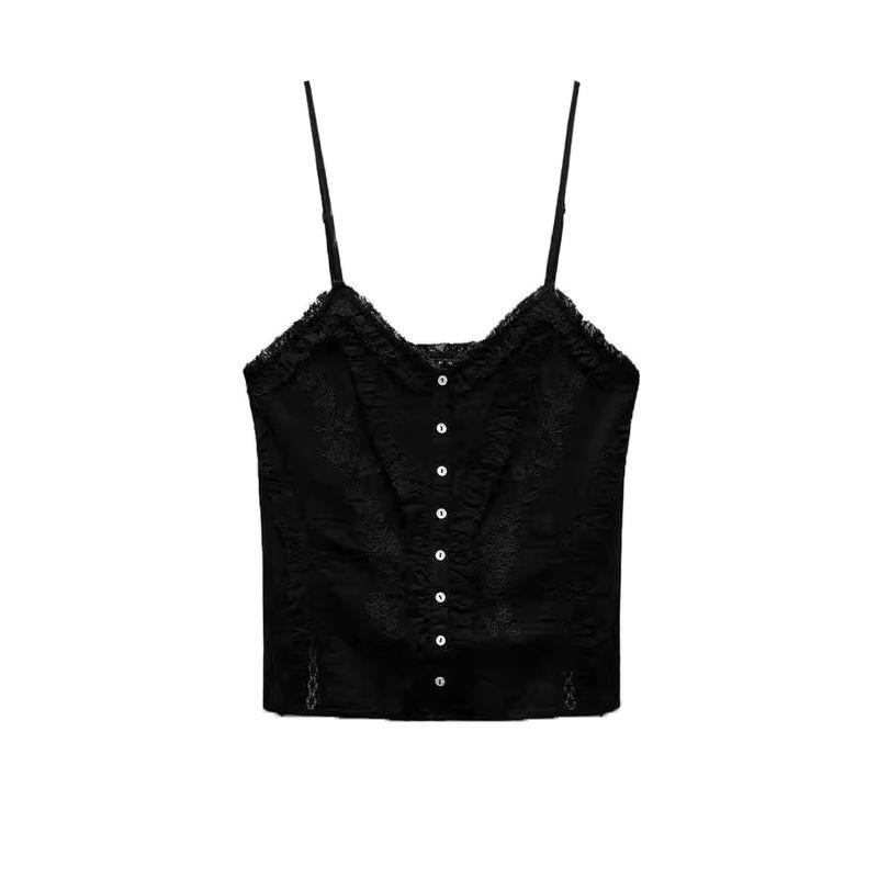 Spring New Women's Clothing Pure Desire Style Laminated Decoration Embroider Cotton Tulle Sling Tops 0881073