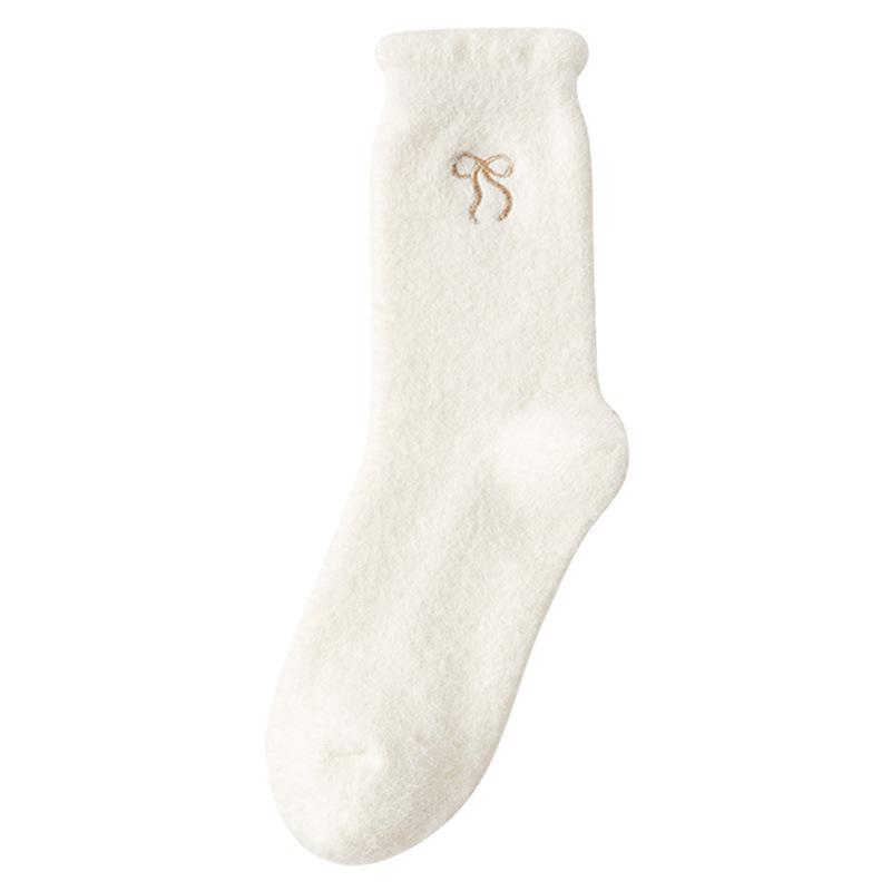 White Bow Socks Women'S Medium Tube Australian Velvet Plush Thickened Warm Home Confinement Socks Plush Floor Socks