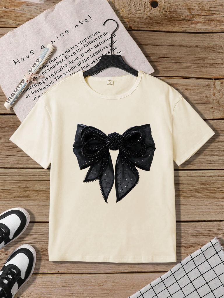 Black Bow Print Round Neck Short Sleeve T-shirt Casual and Versatile Suitable for Summer Girls' Daily Wear