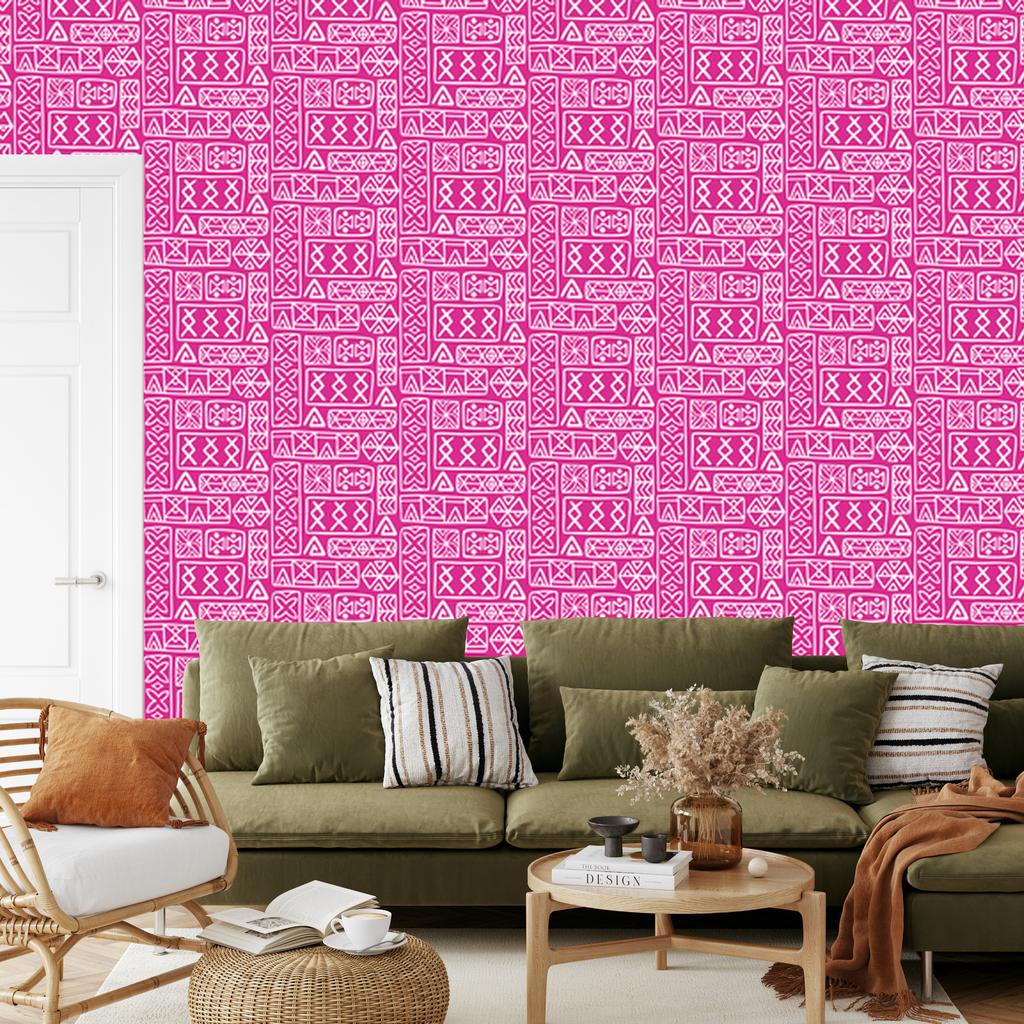 Polynesian Geometric Pattern Wallpaper Powder Pink and Purple 50x1000