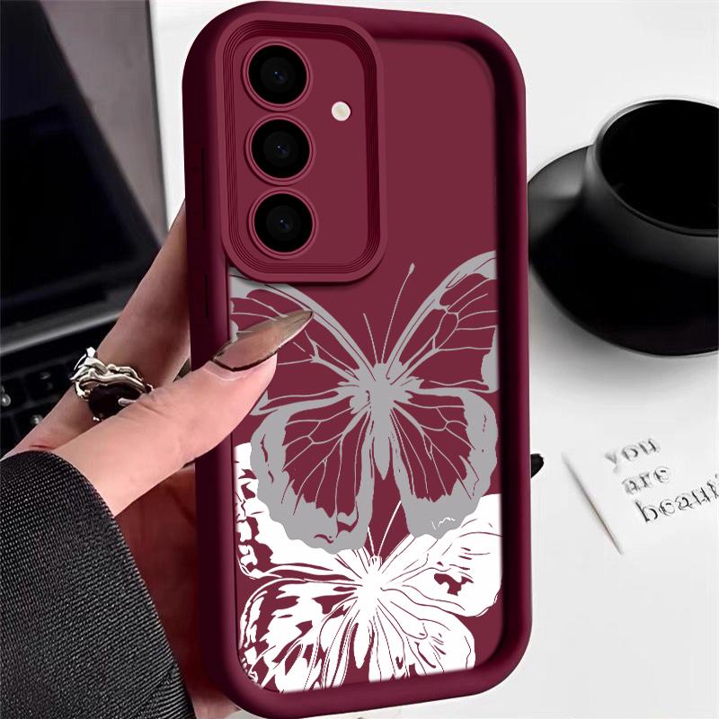 

Чехол с принтом бабочек для Samsung S25 Ultra S24 FE S23 S22 A56 A36 A16 A15 A55 A35 TPU Мягкий Матовый Ударопрочный Чехол для телефона Samsung Galaxy A06 вино красного