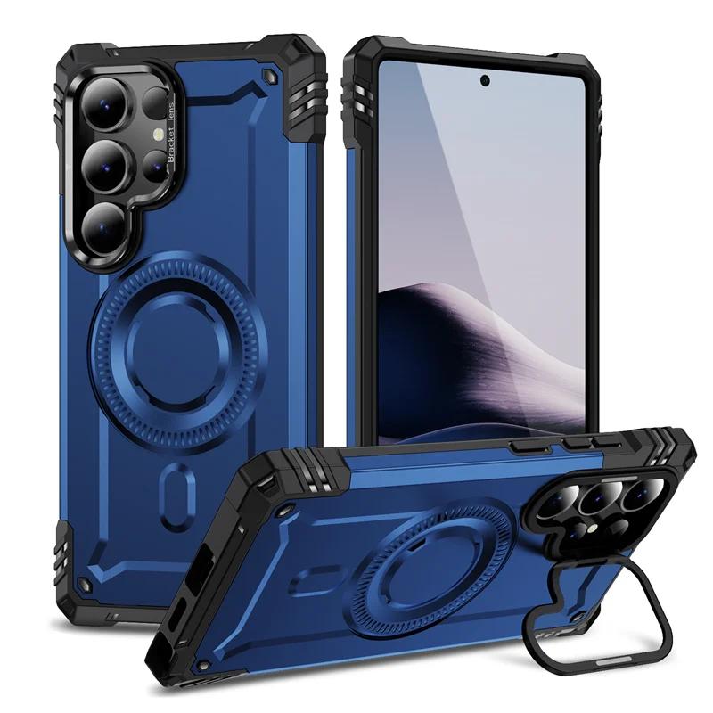 

Металлический кронштейн для объектива Чехол для телефона Heavy Armor для Samsung Galaxy S25 Ultra S24 FE 5G S23 Plus Магнитная беспроводная зарядка Задняя крышка For S24 синий