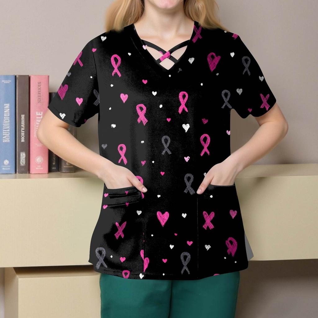 Women's Fashion  V-Neck Short Sleeve Overalls Double Layer Pocket Printed Tops  Apparel