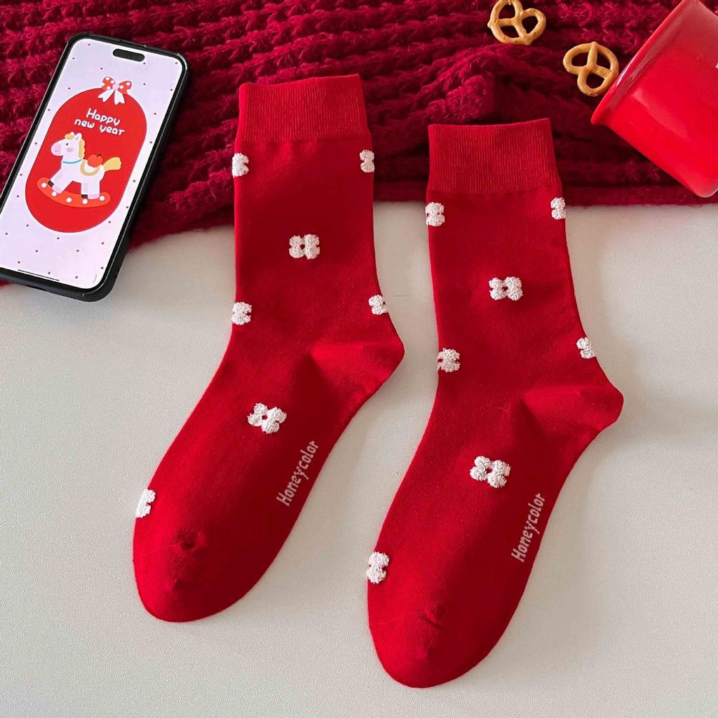 New Year'S Big Red Socks Plush Cartoon Red Socks Bow Medium Tube Hongyun Socks
