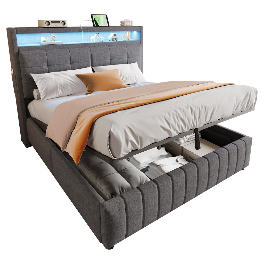 Cama Estofada 160*200 cm, com Iluminação LED e Tomada USB, Cabeceira com Prateleiras, Arrumação Hidráulica, Cama de Casal com Estrado de Ripas, Cinza Linho