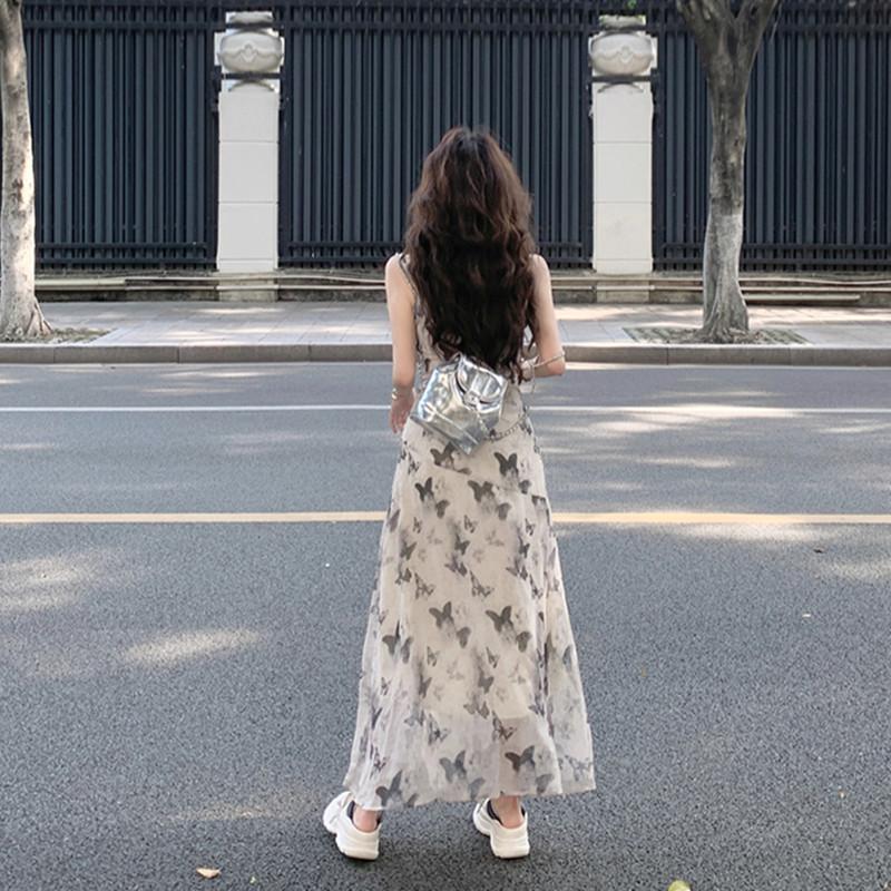 (Double layer) ink butterfly dress summer Korean version new pleated waist thin sleeveless vest long dress women