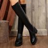 Comemore Autumn and Winter New Black Knee High Boots for Women Leather Chunky High Heels Female Long Botas Women's Shoes