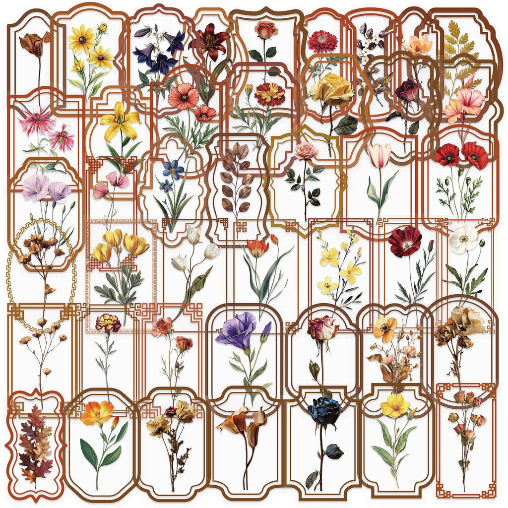 50 Transparent Retro Plant Stickers Package, Waterproof Transparent PET Manual Material Decorative Guitar Notebook