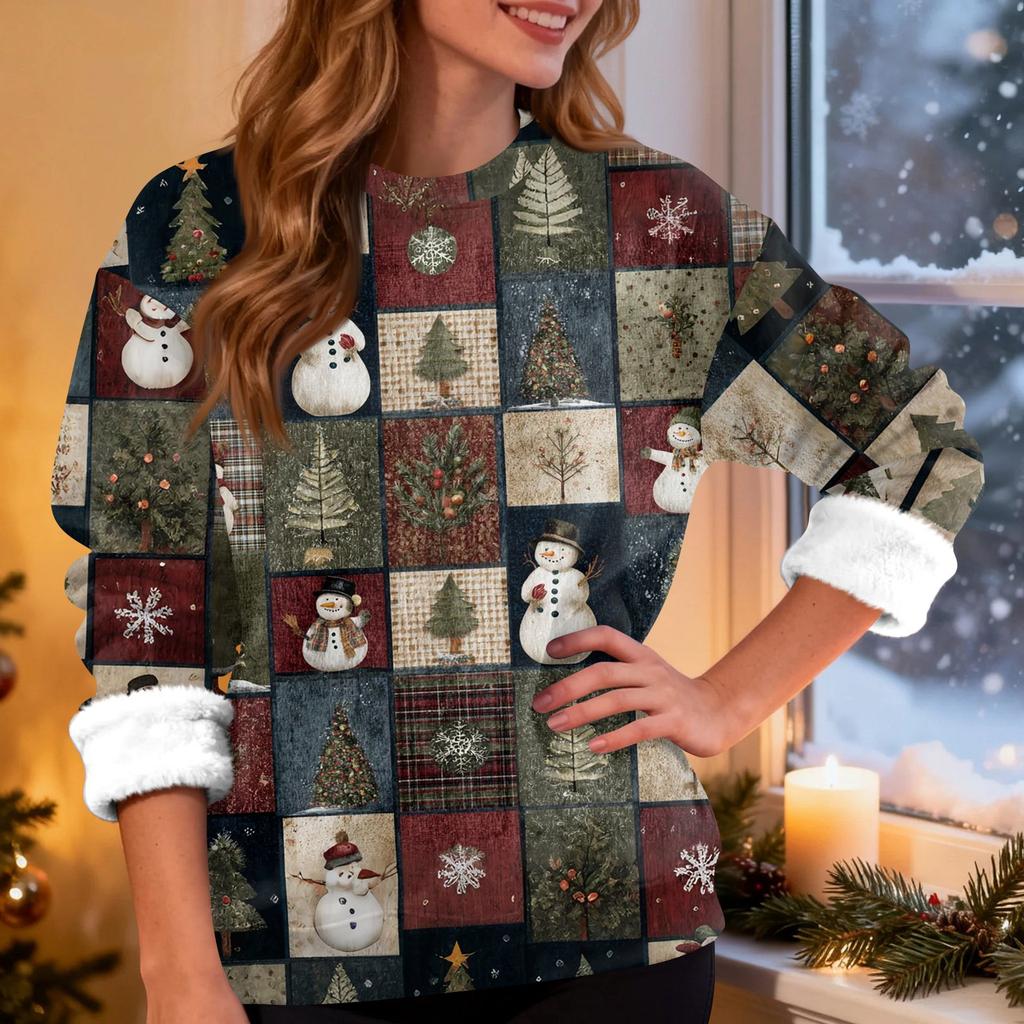 Women's Fashion Casual Long Sleeve Christmas Printed Round Neck Top Sweatshirt