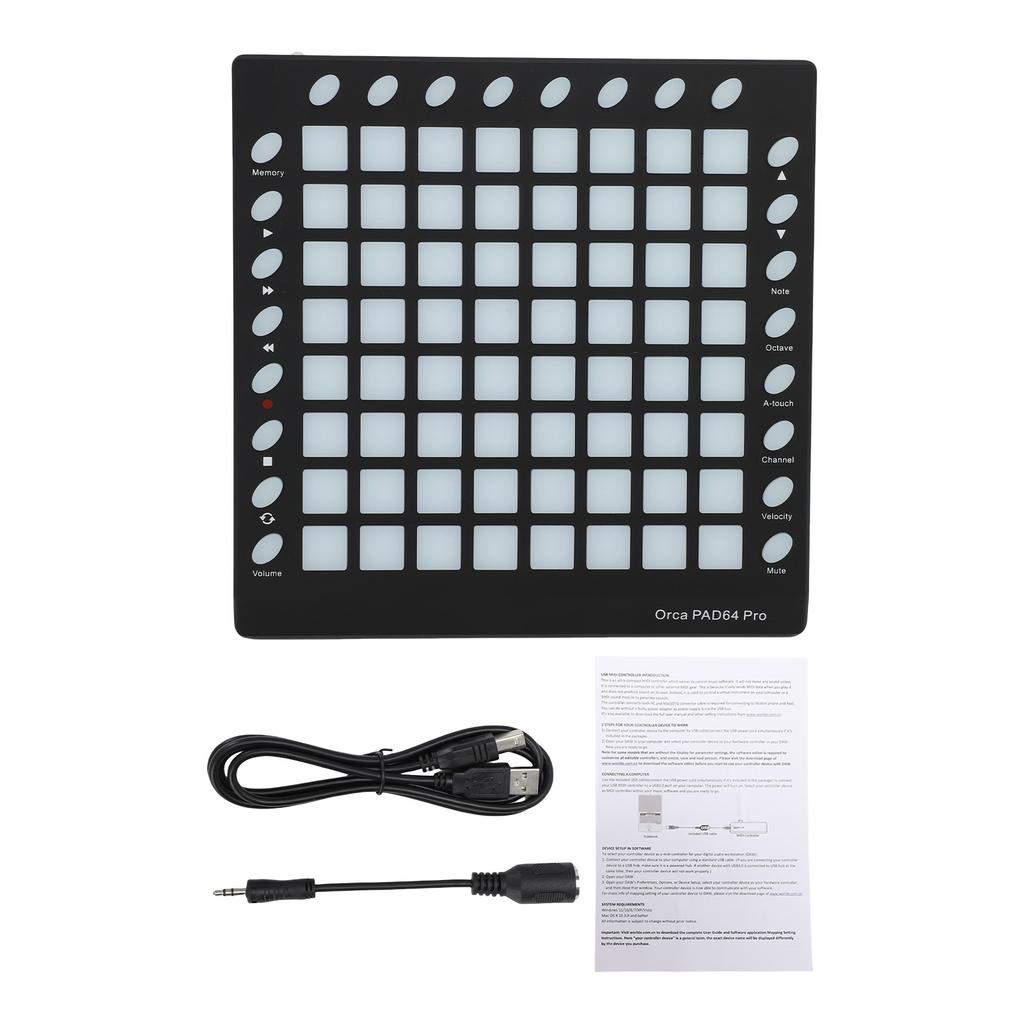 WORLDE MIDI Controller DJ Pad s 64 RGB pady, 128 GM zvuky, 8 RGB tlačítky, 6 transportními ovladači, vestavěným editorem, přenosný