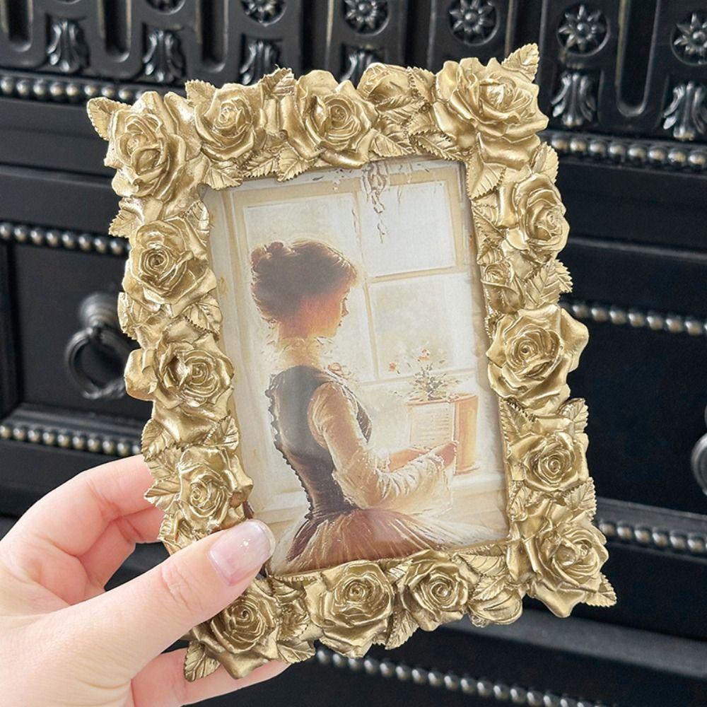 Resin Rose Edged Picture Frame Rectangular European Style Retro Gold Photo Frame Romantic 5/6/7 Inch Photo Props Frame Ornaments