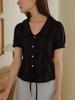 Endeopobeu Pintuck Lace Half Sheer Shirt Blouse _ Black