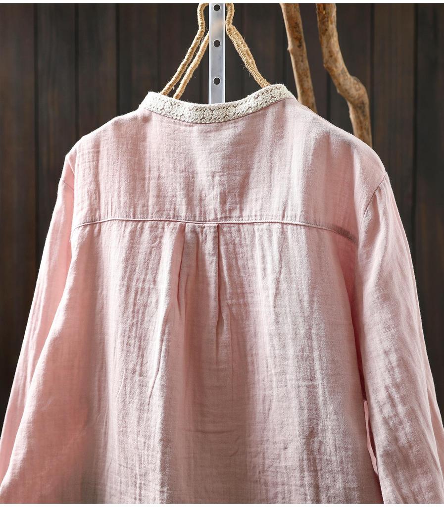 Autumn Cotton Lace Stand Collar Artistic Patchwork Age-Reducing Shirt