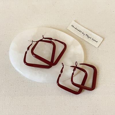 Simple Ankara Red Geometric Square Ear Buckle Women'S Hong Kong Style Retro Temperament Exquisite Versatile Earrings