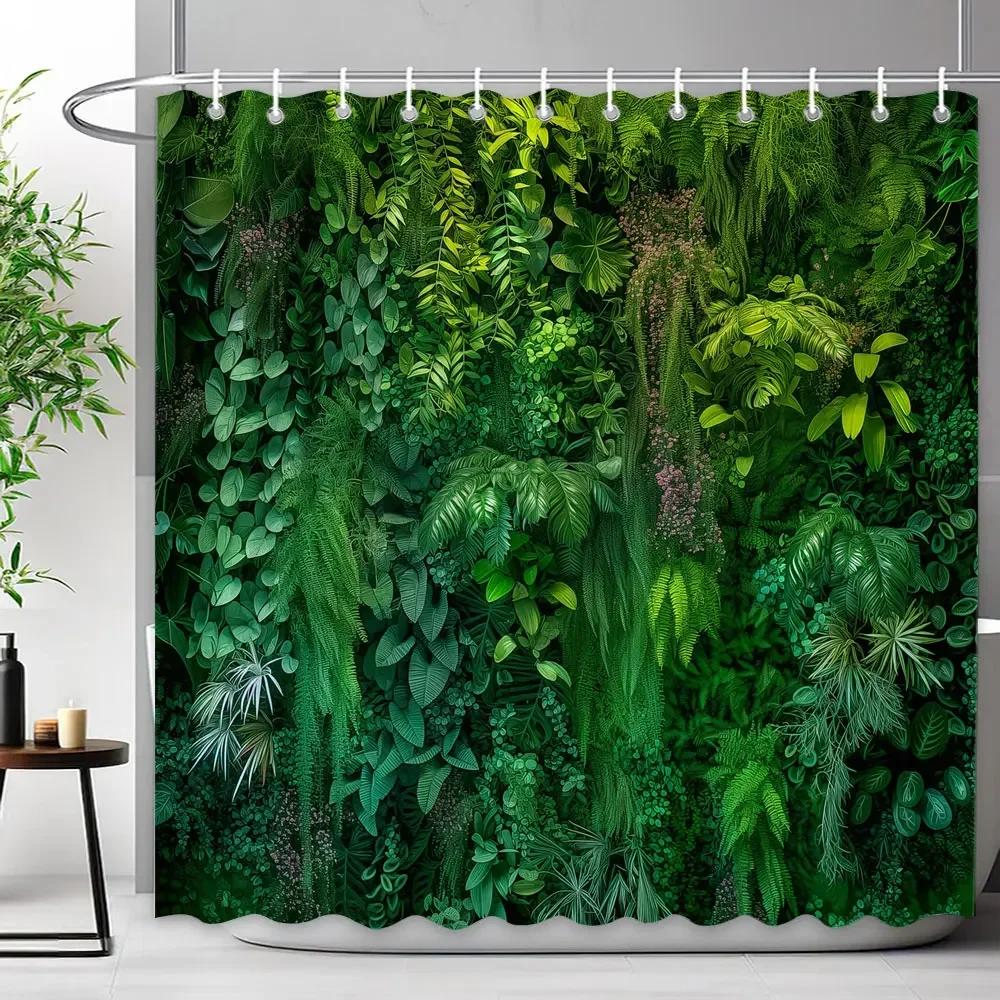 Walls Filled With Green Plant Leaves Shower Curtains Tropical Plants Natural landscape Polyester Shower Curtains Bathroom Decor
