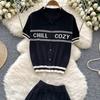 Summer Women Knitted Sweater College Letter Two Piece Set Fashion Girl Single Breasted Cardigan Top and Mini Pleated Skirt Suit