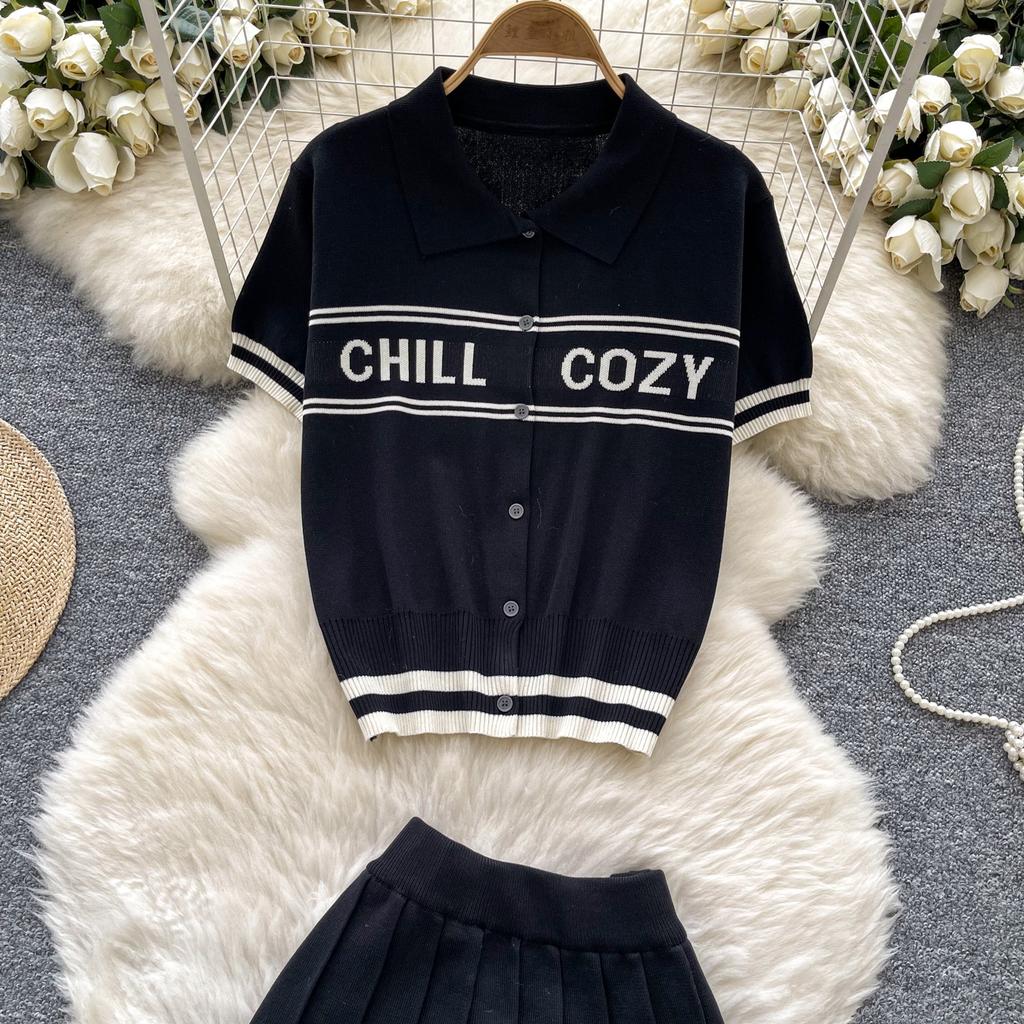Summer Women Knitted Sweater College Letter Two Piece Set Fashion Girl Single Breasted Cardigan Top and Mini Pleated Skirt Suit