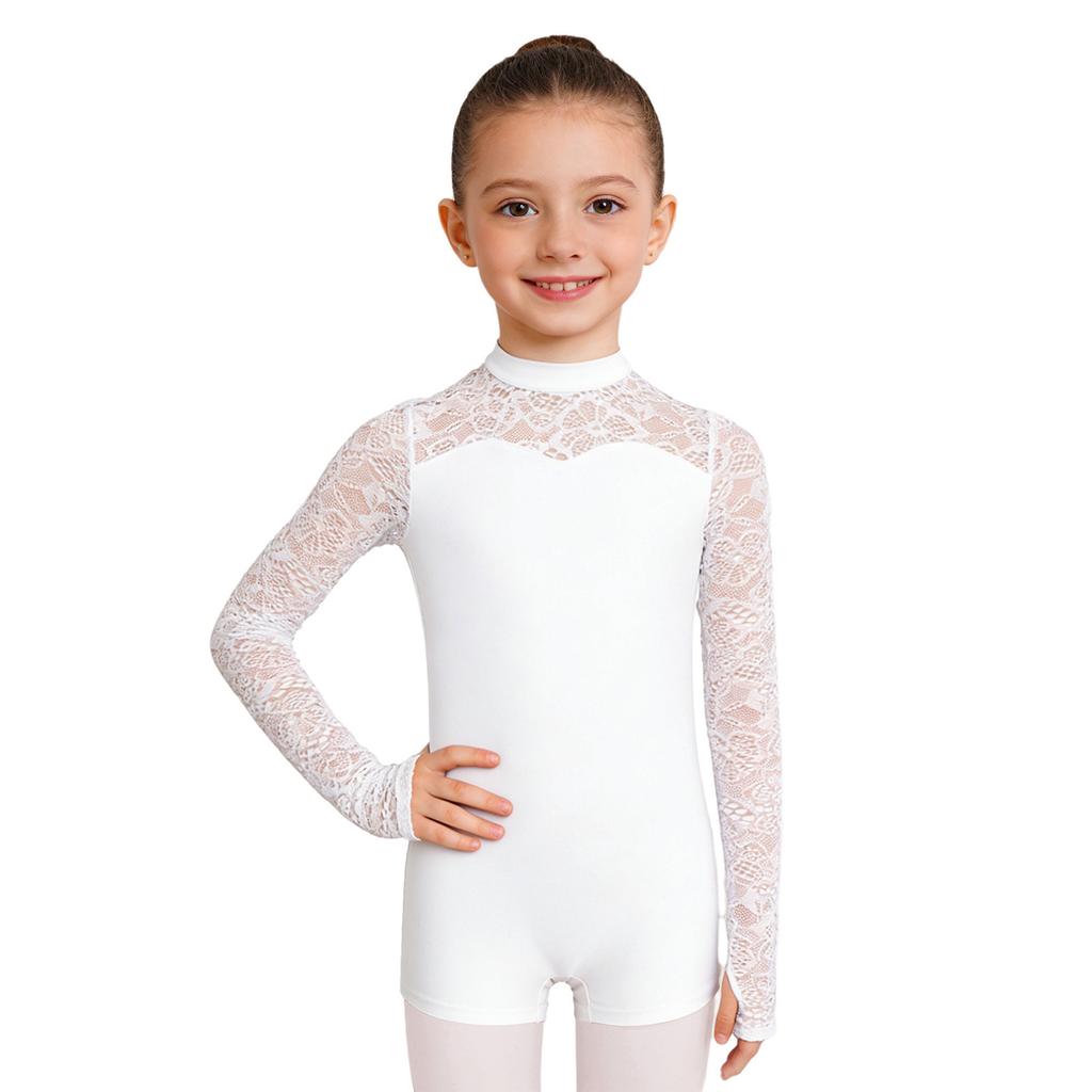Kids Lace Patchwork Keyhole Back Long Sleeve Leotard Gymnastics Dance Bodysuit for Performance Competition Wear