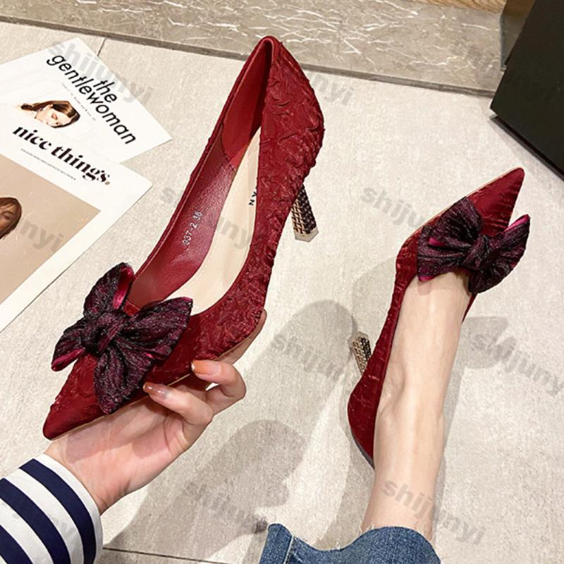 Fashion Sexy High Heels Pumps for Women 2025 Spring New Slip On Thin Heeled Party Shoes Ladies Pu Leather Pointed Toe Bows Single Shoes