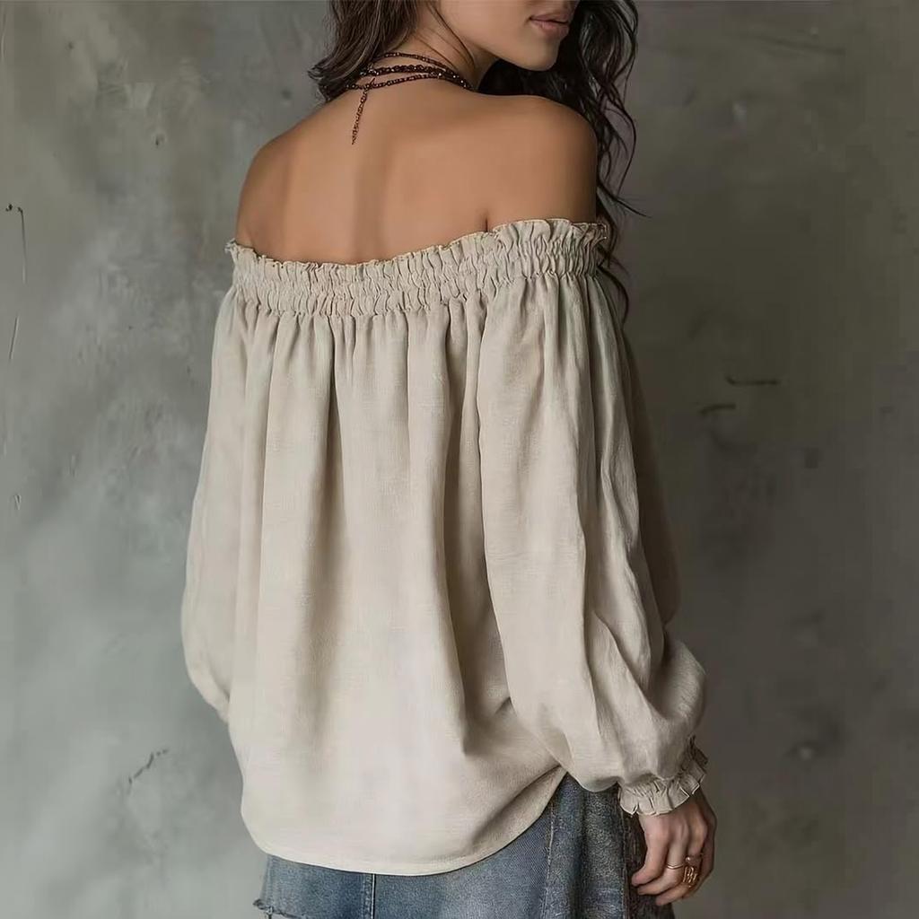 Women's Off-Shoulder Puff Sleeve Blouse with Elastic Neckline and Design Long Sleeve Fashion Top