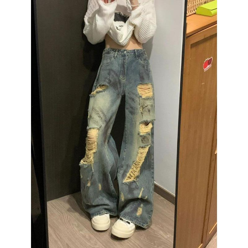 Women s High Waist Ripped Wide Leg Denim Jeans Loose Fit Streetwear Casual Pants XS синий