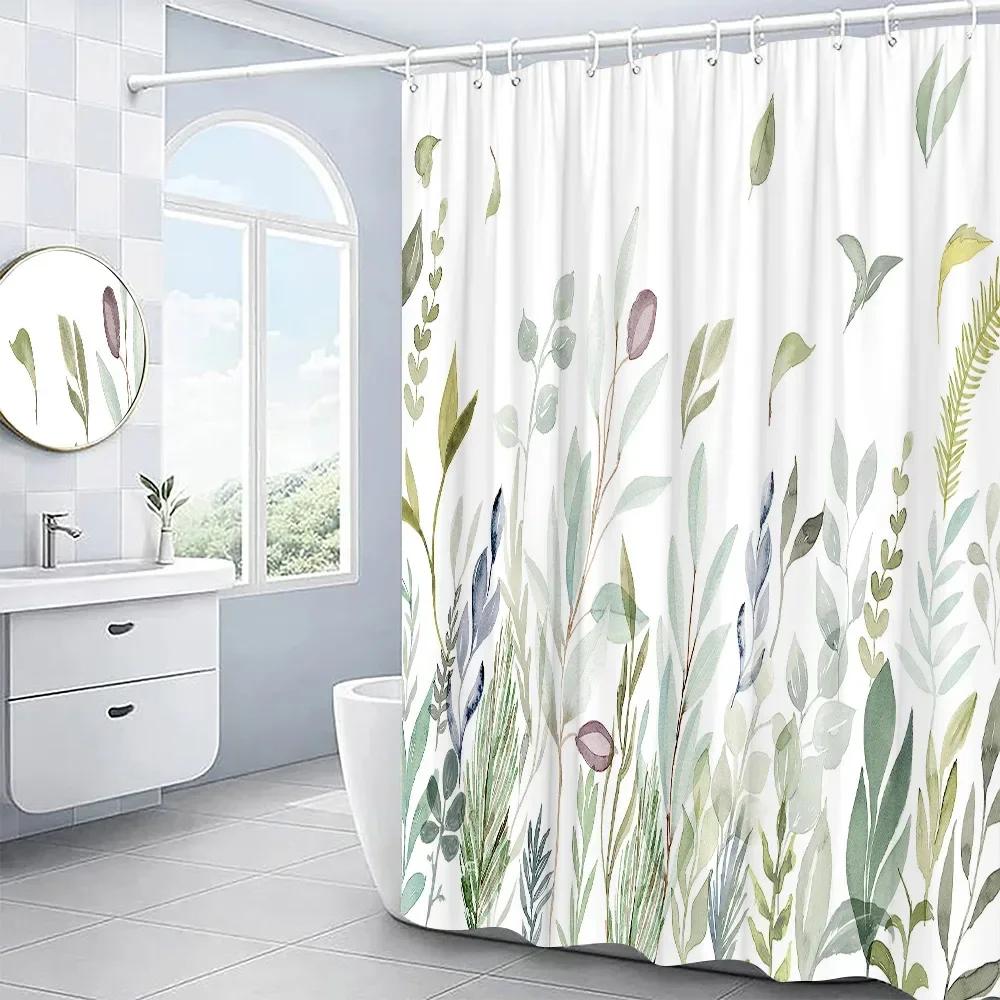 Leaves Shower Curtain Set Garden Plant Green Leaf Fresh Rustic Style Bathroom Decor Bath Curtain Polyester Fabric Washable Cloth