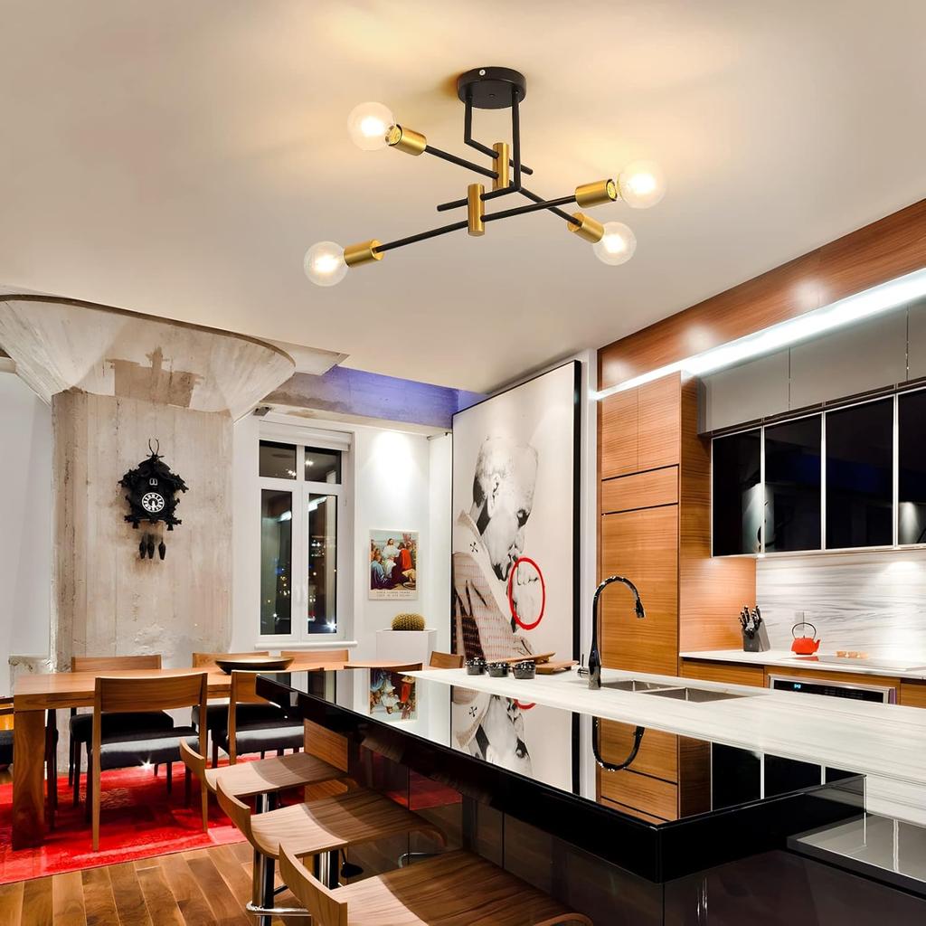 DELIPOP Sputnik Light Fixture, 4 Light Black and Gold Modern Sputnik Chandelier Ceiling Light, E26 Industrial Metal Semi Flush Mount Ceiling Light