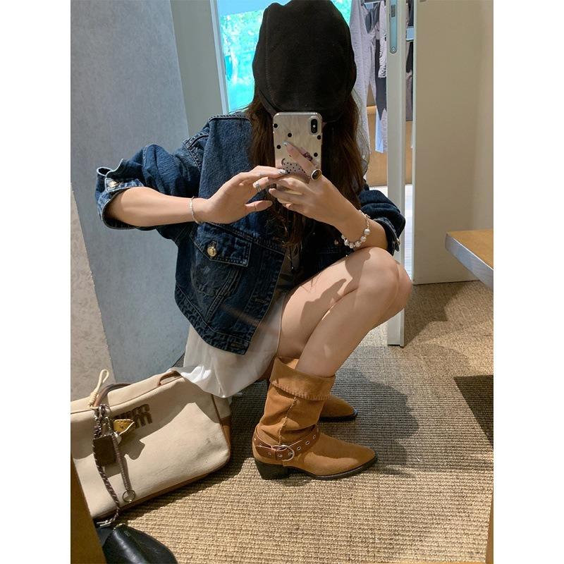 Cowhide~ Dunhuang Stack Boots 5cm Thick Heel Buckle Western Cowboy Knight Short Boots Women's Desert Boots