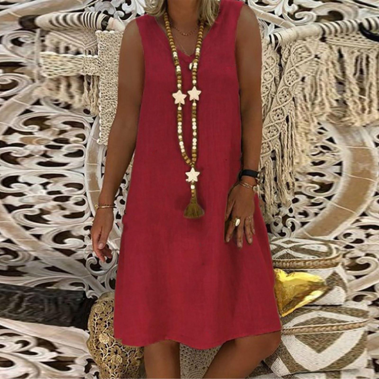 

Women s Summer Casual Color V-Neck Sleeveless Loose Dress XL винний