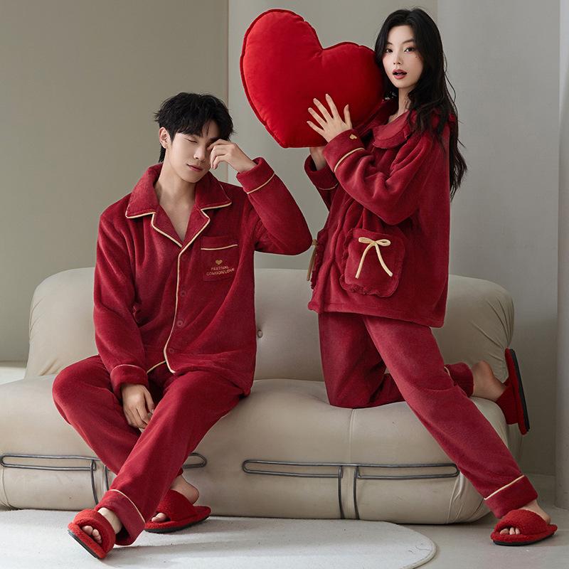 Fleece Thickened Flannel Red Pajamas Wedding Couple Suit Autumn And Winter Coral Fleece Men'S And Women'S Loungewear