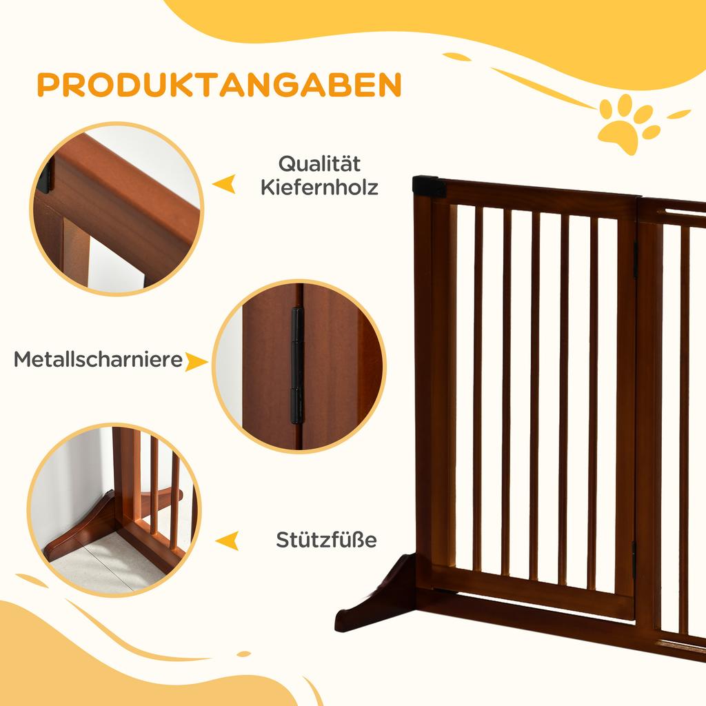 Dog Gate Freestanding Adjustable Safety Gate with Feet 113-166 x 71 cm Wood for Stairs, Doors, Kitchen, Hallway, 3 Panels, Brown