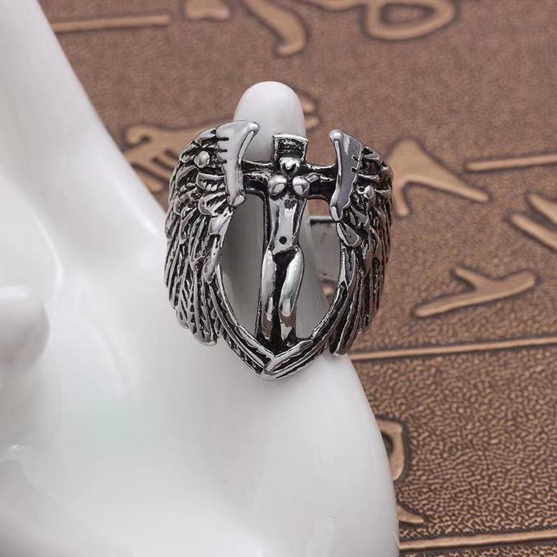 European and American Style Men's Ring Cross Angel Wings Trendy Domineering Fashion Simple Open Ring