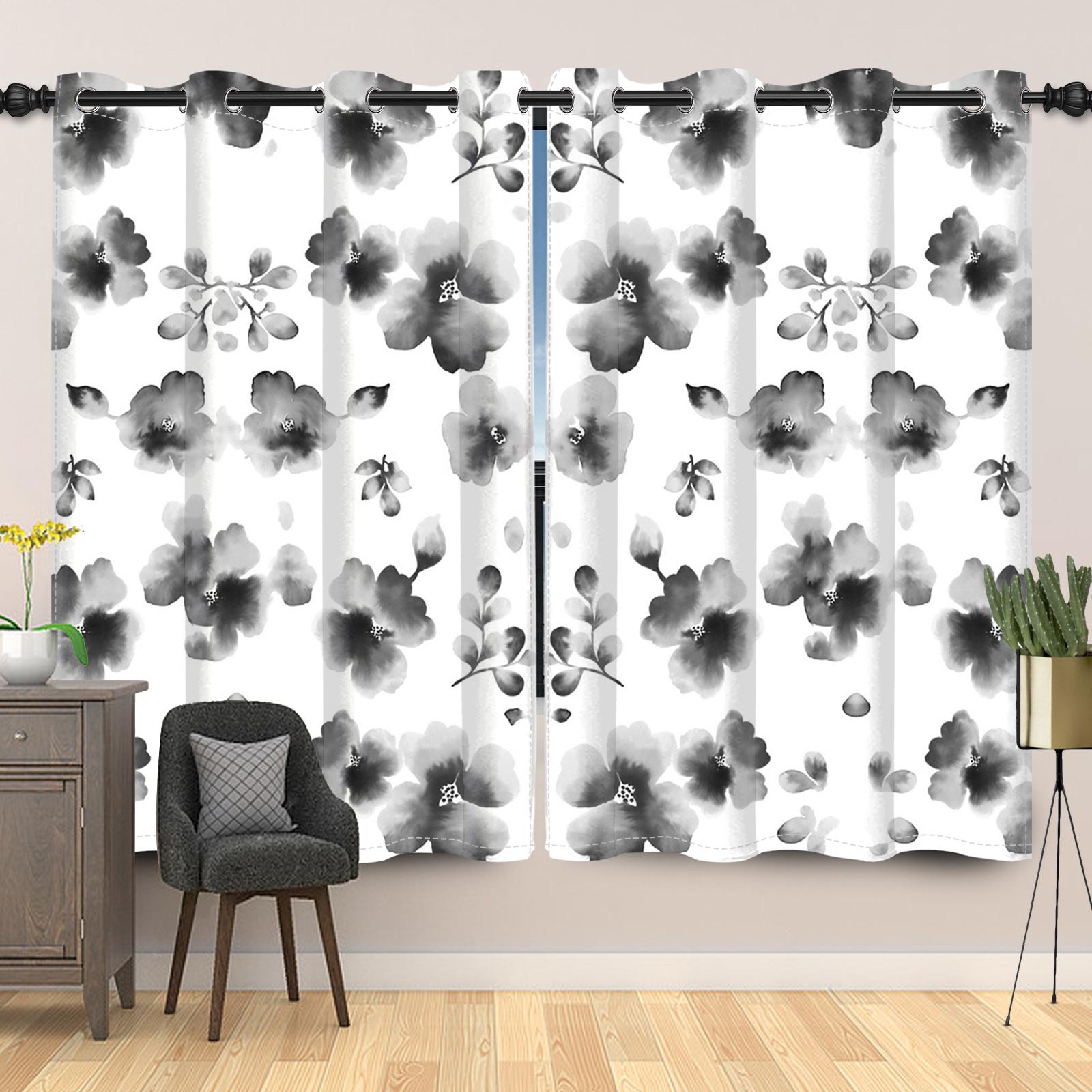 

Elegant Watercolor Floral Curtains Flower Printed Bedroom Living Room Decoration Top Window Drapes Curtain With Grommet Darkening Polyester Perfect W100*H130(CM)-Hooks&2PCS