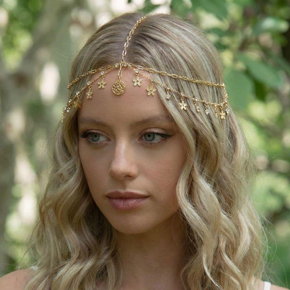 Crystal Bohemian Forehead Headpiece Fairy Rhinestone Forehead Chain Long Tassels Hair Chain Girls