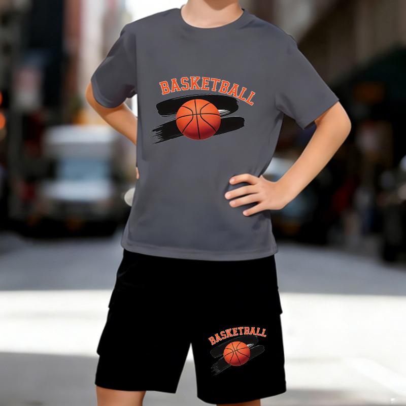 Boys 2 Piece Basketball Themed Printed Outfit, Short Sleeve T-Shirt and Shorts Set for Kids Age 5-14, White Sporty Casual Summer Clothes