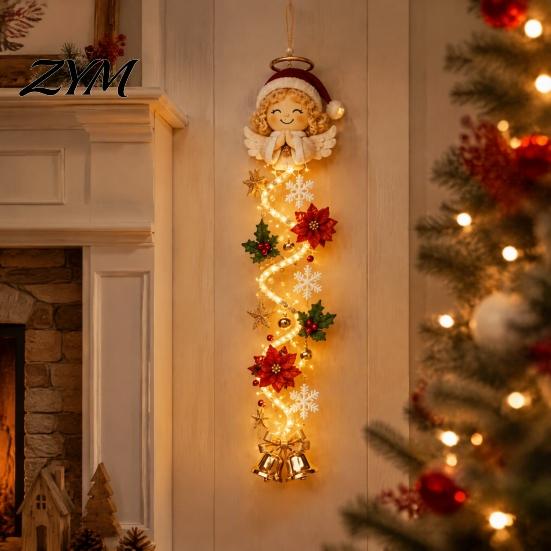 Light Up Seasonal Home Decor Glowing Christmas Door Hanger, Crochet Spiral Ornament with LED Lights, Snowman Santa Reindeer Entryway Festive