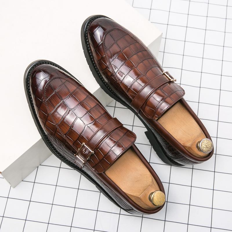 Men's Large Size Autumn Slip-on Leather Shoes, British Style Pointed Toe with Buckle