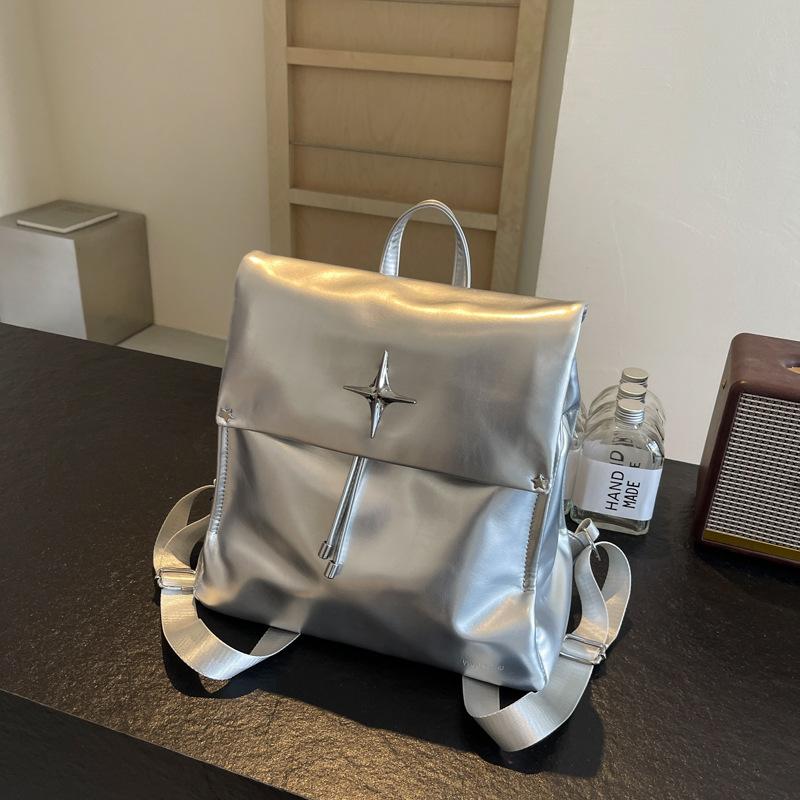 Korean silver backpack female versatile 2025 new trendy fashion large capacity student commuter schoolbag travel backpack