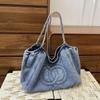 Vintage Denim Tote Bag With Pearl Chain Strap Large Capacity Shoulder Beach Travel Daily Use